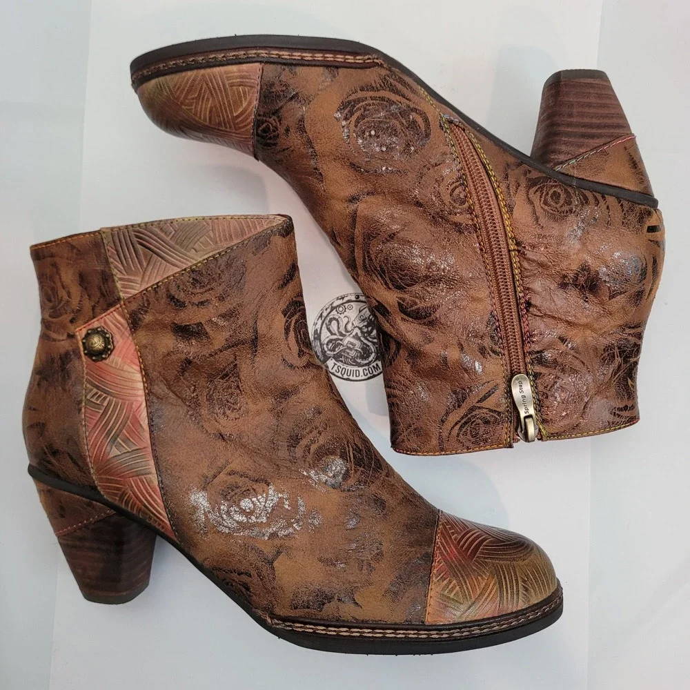Spring Step L'Artiste Ankle Boots Womens Brown Gold Floral Leather 39